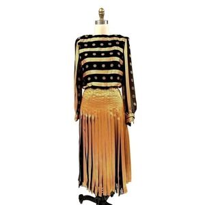 1980s VTG Raul Blanco Metallic Gold/Black  Stunning Polyester Evening Dress Sz S